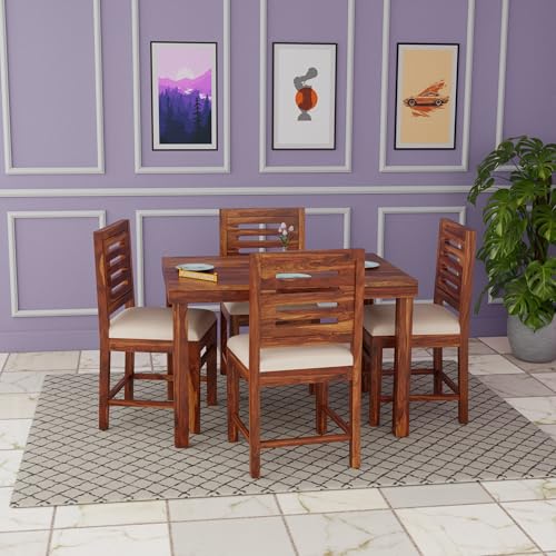 Image of Dining Table 4 Seater with Chairs | Sheesham Wooden Four Seater Dinning Table with Cushioned Chairs for Restaurant | Dinner Table 4 Seater | Dining Room Set