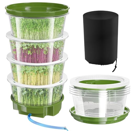 4-Tier Sprouts Growing Kit with Drain Hose & Ventilation Holes Stackable Microgreens Growing Sprouting Trays Including Blackout Cover Soil-Free Sprouter for Planting Broccoli Alfalfa Bean Seeds