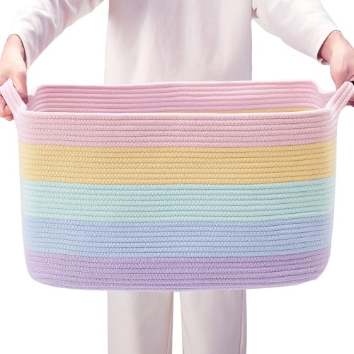 ENAORGAN 75L Extra Large Rainbow Cotton Rope Storage Basket for Blanket 22Lx16Wx12H Rectangle Woven Basket for Toys Clothes in Living Room Bedroom for Baby Nursery Kids Toy Box for Girls