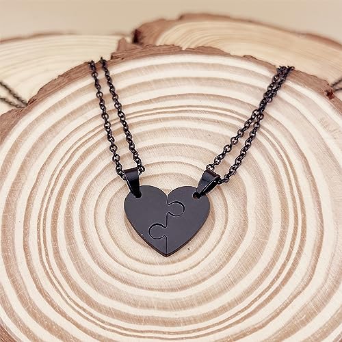 2 Pieces Gold Stainless Steel Heart-shaped Necklace Puzzle set Black Couple Necklace His and Her Pendant Necklaces Matching for Boyfriend Girlfriend Best Friends Jewelry Gift3
