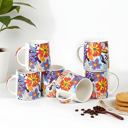 Image of Miah KaleidoBloom Ceramic Cup Set - Set of 6 | 10.16 cm x 6.85 cm x 8.89 cm | Handcrafted Coffee & Tea Mugs | Microwave & Dishwasher Safe | Vibrant Abstract Floral Design