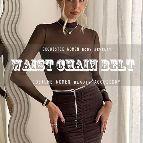 CanB Women Rhinestone Waist Belt Crystal Chain Belt Silver Thin Belts for Dress4