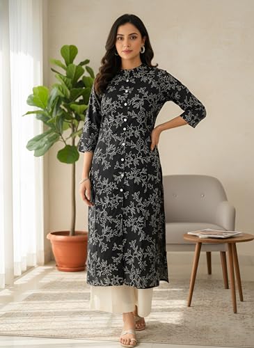 Image of Yash Gallery Women's Pure Cotton White Floral Rubber Print A-line Kurta Pant Set with Dupatta with Fancy Front Buttons, One Side Functional Pocket