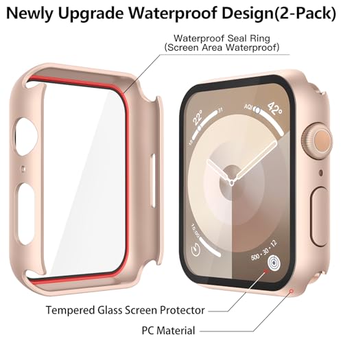 Image of Misxi [2 Pack] Waterproof Hard Case with Tempered Glass Compatible with Apple Watch Series 9 Series 8 Series 7 41mm, Ultra-Thin Cover for iWatch Screen Protector, 1 Rose Gold + 1 Transparent