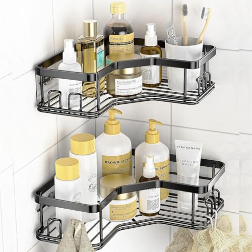 Image of JD FRESH Multipurpose Bathroom Organizer Shelf Rack Corner Without Drill /Self Adhesive Accessories Holder for Kitchen /Wall Mounted Organizer for Bathroom Space Saving Shelf Corner (Black, Pack of 2)