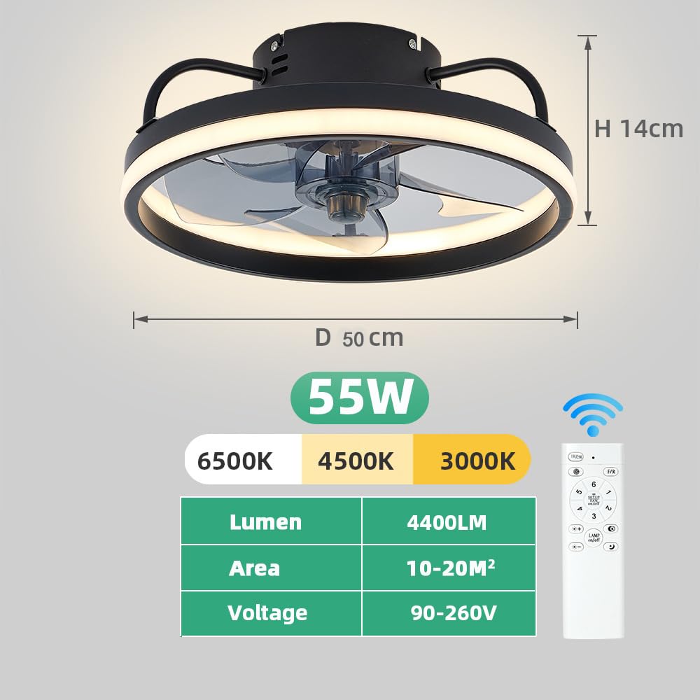 Eznaobo Ventilateur de plafond 50 cm avec éclairage et télécommande 6 vitesses variateur d'intensité application intelligente silencieux Noir