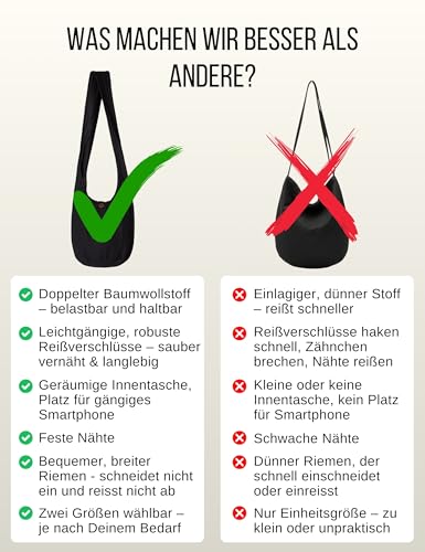PANASIAM Schulterbeutel Damen & Herren, große & leichte Baumwolltasche, Umhängetasche mit Reißverschluss, Unisex Schultertasche, mittelgroße Tasche, schwarz