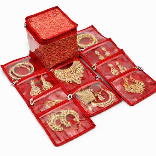 Image of Satin Red Jewellery Box Vanity Bag with 10 Pouches | Necklace, Bangle, Ring & Accessories Organizer for Women | Compact Travel Storage Solution
