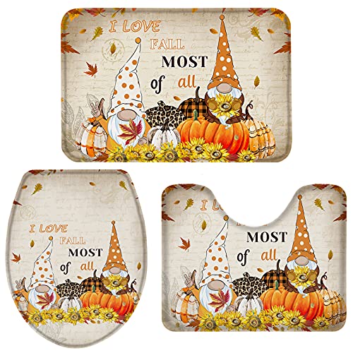Queenker 3 Pieces Bath Rug Set Toilet Seat Cover Fall Thanksgiving Retro Pumpkin Gnome Contour Rug,Pedestal Mat and Toilet Lid Cover,Non-Slip Bathroom Floor Mat 20