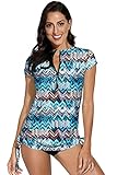 BesserBay Damen Rash Guard mit Kurzarm und 1/4 Zip Bademode Tankini Schwimmen Sonnenschutz UPF 50+ Blau Wellen XXL