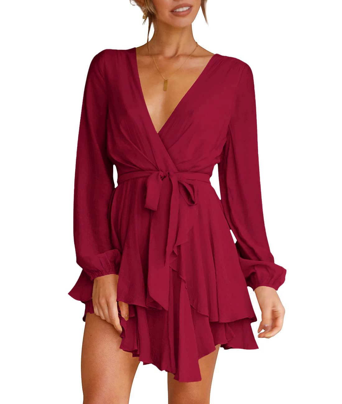 Wenrine Damen Kleider Sexy Tiefer V-Ausschnitt Freizeitkleid A Linie Rüschen Minikleid Langarm Wickelkleid mit Gürtel