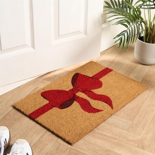 OHS Coir Door Mats Indoor & Outdoor Bow Print Non-Slippery Heavy Duty Stylish Entrance Washable Door Mat Perfect Dirt Trapping Doormats Natural/Red - 40 x 60cm