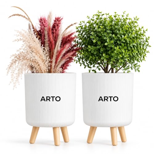 Image of Arto Ribbed Planter Pot Set with Wooden Legs - White Indoor Plant Stand | Set of 2 Modern Mid‑Century Planter Pots for Home Decor | Elevated Plant Stands for Living Room, Balcony