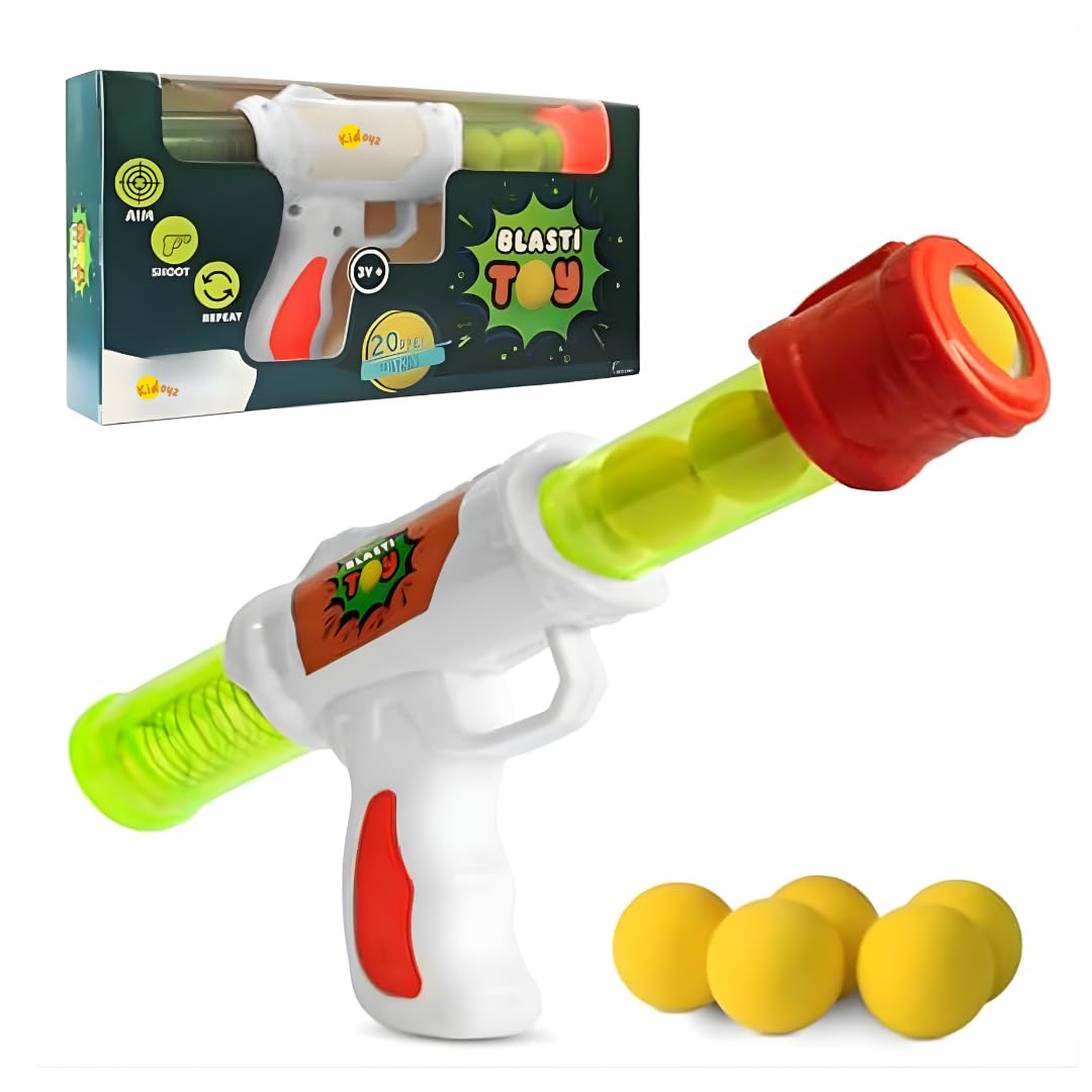 Kidoyz Blasti Gun Foam Ball Toy for Kids | Air Pressure Soft Ball Gun with 5 Foam Balls | Safe Shooting Toy for Boys & Girls | No Battery Required | 1 Pcs
