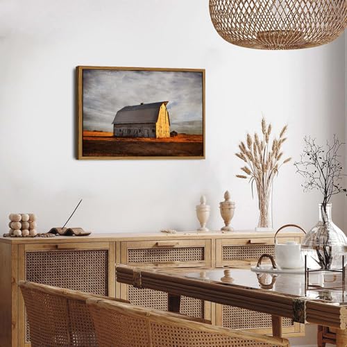 Image of Old Barn Canvas Wall Art Vintage Farmhouse Wall Decor Western Country Landscape Canvas Prints Sunset Farm Field Scenery Painting Neutral Rural Artwork for Living Room Bedroom Home Decorations 16x24 inch
