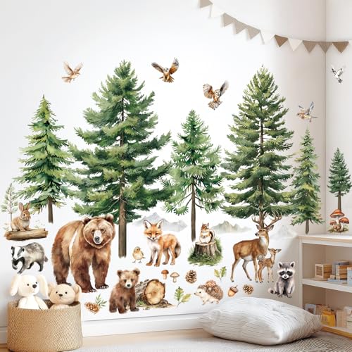 DECOWALL Sticker mural forêt – Aquarelle ours, cerf & renard avec arbres, autocollants muraux détachables pour chambre d'enfant, chambre de bébé, salle...