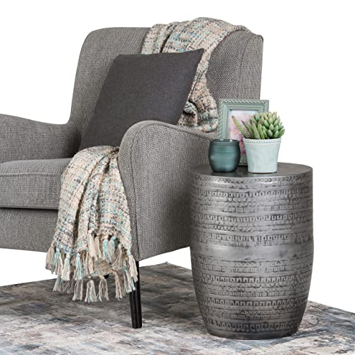 Simplihome Johnsen Contemporary 15 Inch Wide Metal Large Accent Side Table In Antique Silver, Fully Assembled, End, Bedside Table And Nightstand, For The Living Room And Bedroom #TOP1