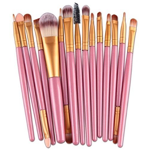 Sankuwen 15PCs Makeup Brush Set Tools Toiletry Kit (Pink-Golden)