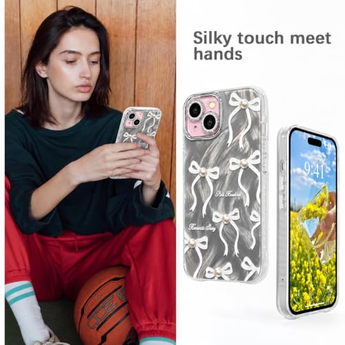Image of VONZEE Compatible with iPhone 15 Plus 6.7'' Case Luxury Pink Girly Cute 3D Bow Pearl Glitter Bling Case with Full Camera Protection Shockproof PC+TPU Glossy Shiny Cover for Girls Women, Grey