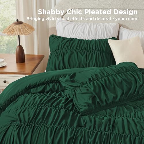 Image of Andency Ruched Dark Emerald Green King Size Comforter Set, Shabby Chic Pleated Bedding Sets 3 Pieces, Lightweight Soft Boho Ruffle Bed Set for Girls, Kids, Women, All Season