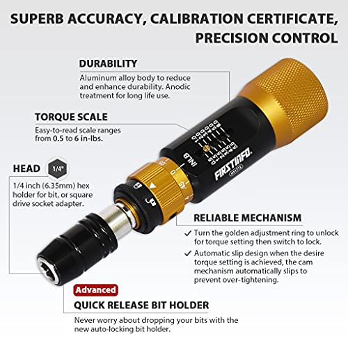 Image of FIRSTINFO H51772 Ultra Precision Certified Torque Limiting Screwdriver 0.5-6 in-lbs, 1 /4 Inch Universal Hex Quick Release Bit Holder