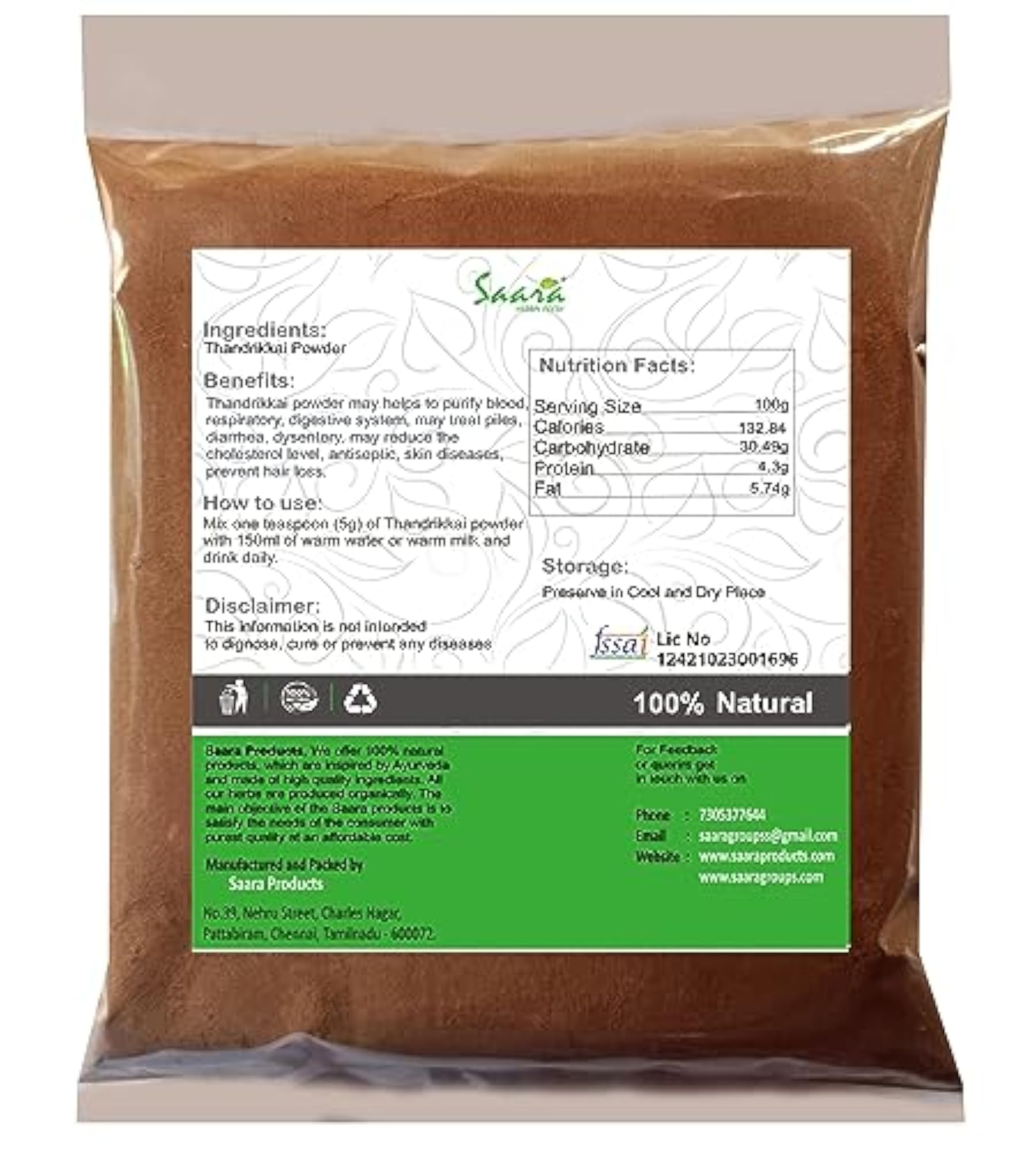 Saara Herbal Fresh Thandrikkai Powder, Natural Supplement