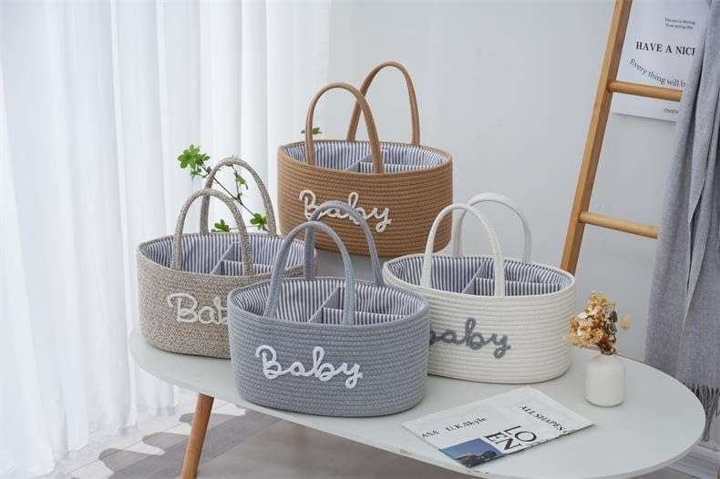 Kamuavni Diaper Caddy Organizer, Cotton Rope Baby Storage Basket, Nursery Diaper Organizer With Divider, Portable Diaper Storage - Hemp Yellow