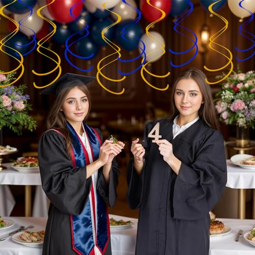 Image of Ceiling Swirl Foil Decorations Hanging Plastic Streamer Themed Swirl Party for Graduation Celebration, Pack of 28 (Blue and Gold)