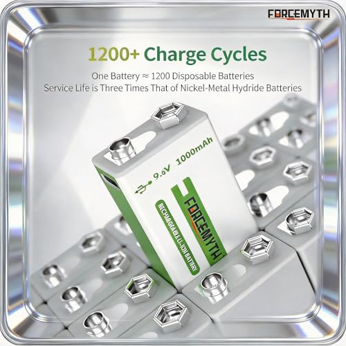 Image of 9V Rechargeable Lithium Battery with Charger Kit, 1000mAh High-Capacity, Direct USB-C Fast Charge, Stable 9V Output, 1200+ Recharge Cycles, 10-Year Shelf Life, 1-Pack