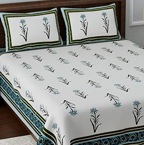 Image of Living Roots Ethnic Rajasthani /Jaipuri /Sanganeri Block Print 100% Cotton Super King Size 100 * 108 Bedsheet with 2 Pillow Covers (40A)