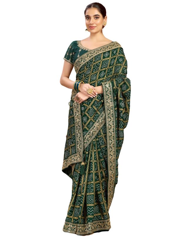 Women's Georgette Bandhani Foil Printed Embroidery Saree With Unstitched Blouse Piece-image-41