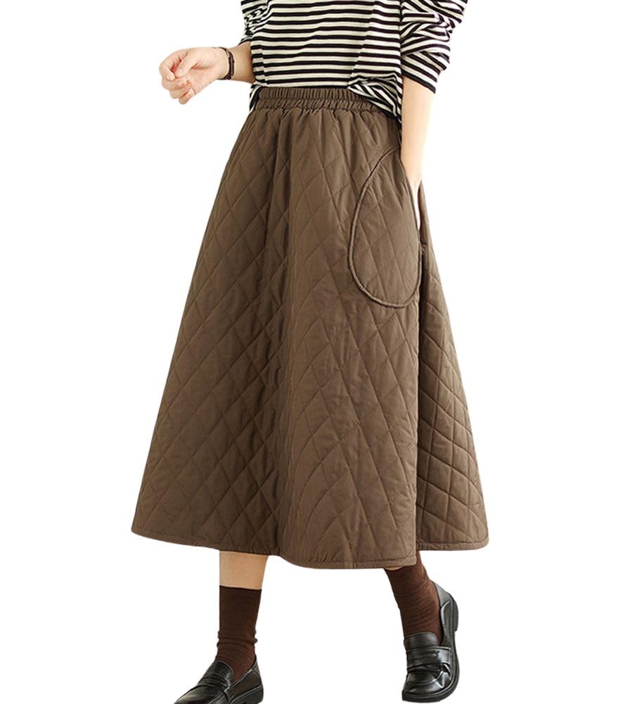 chouyatou Women's Winter Quilted Long Skirt Elastic Waist A-Line Insulated Swing Midi Skirt with Pockets