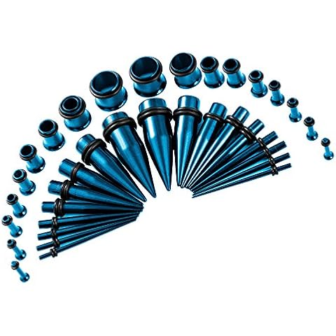 CABBE KALLO 36pcs Ear Stretching Kit Stainless Steel 14G-00G Tapers Gauges Set Plugs Tunnels Expanders - Rainbow, Goldtone, Black, Rose Goldtone, Blue, Silvertone - Body Piercing Jewelry for Women Men - Stainless Steel Ear Gauges Stretching Kit & Piercing Set,Blue Cover