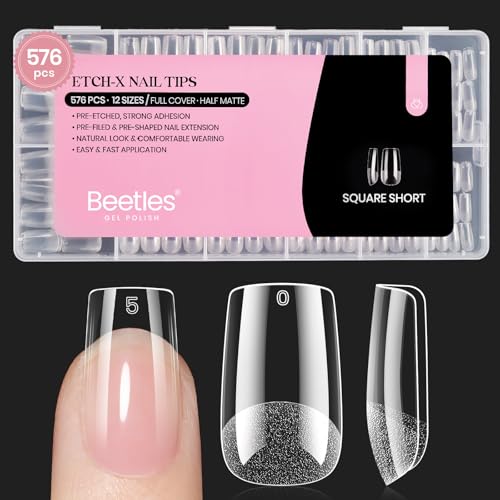 Image of Beetles Gel Nail Tips Etch-X, Square Short, 576Pcs 12 Sizes, Pre-Shaped Half Matte Full Cover Soft Acrylic False Nail Tips Easy DIY Press On Nail Extension Manicure Salon Gift for Women