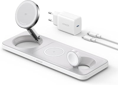 Anker MagGo Faltbare 3-in-1 Kabellose Ladestation, Qi2-zertifiziertes ultraschnelles 15W kabelloses Ladegerät für iPhone 17/16/15/14/13/12, AirPods Pro, Apple Watch Ultra (Mit USB-C Ladegerät + Kabel)