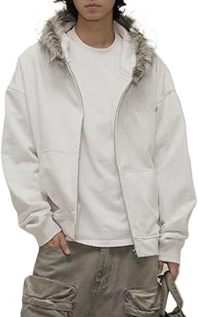 Men Hoodie Zip Up Y2k Zip Up Hoodie Fur Hooded Jacket Warm Winter Coat for Men with Hood Fur Collar Streetwear