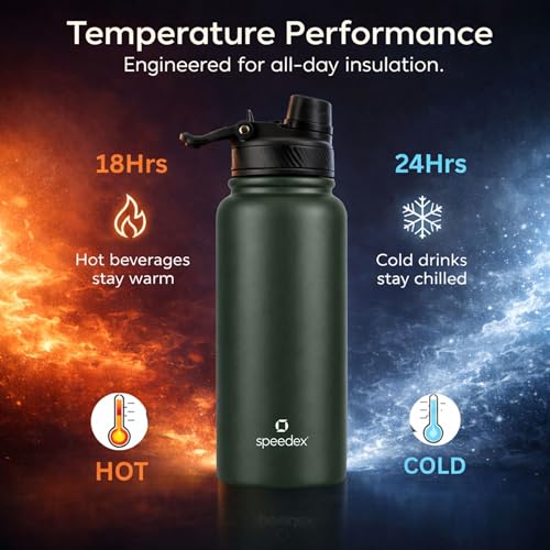 Image of Speedex Vacuum Insulated Stainless Steel Water Bottle 1 Litre (1000ml / 1L / 1 Ltr) with 2-in-1 Lid (Straw & Spout), Hot & Cold Leakproof Thermosteel Travel Flask for Office, Gym & School (Green)