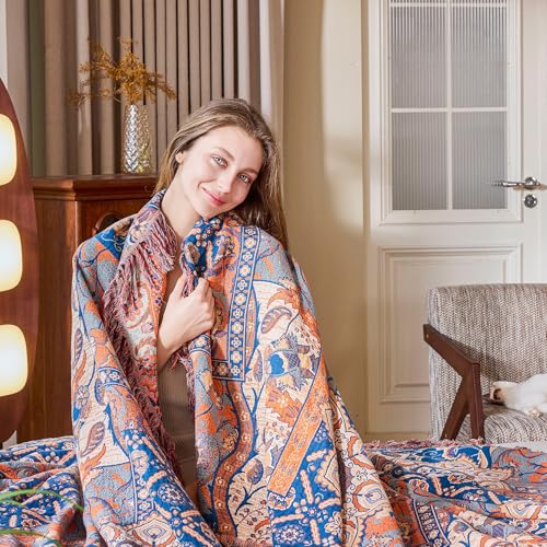 Image of VANJOROY Boho Throw Blanket for Bed Couch 50 inch x 60 inch, 100% Organic Cotton Skin-Friendly Ultra Soft Quilt Orange Throw - Floral Rustic Room Decor Luxury Reversible Blanket for Sofa Chair and Gift