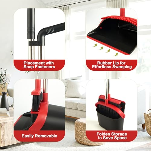 Image of Broom and Dustpan Set for Home, Broom with Dustpan Cleaning Teeth Combo Set, Indoor Sweep Broom with Long Handle for Office Home Kitchen Lobby Floor (Black Red)