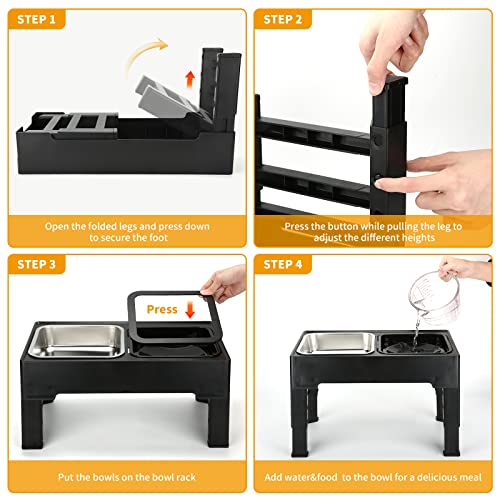 PETTOM Erhöhter Hundenapf (2 x 1.6L), 4 Höhenverstellbar Napfständer mit Hundenapf Edelstahl und Auslaufsicher Trinknapf, Faltbarer und Rutschfester Fressnapf Hund Erhöht für großen kleinen Hunde