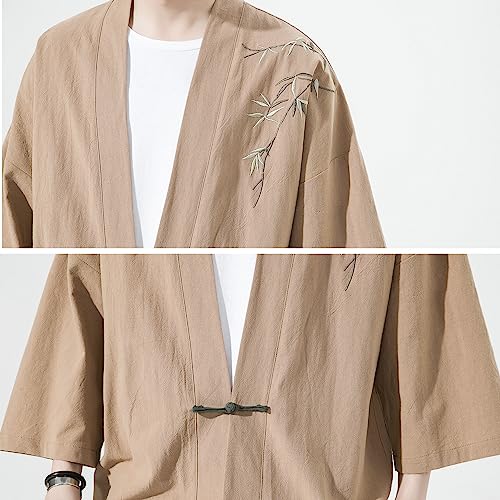 Image of Mens Kimono Cardigan Cotton Linen Japanese Shirt 3 /4 Sleeve Haori Yukata | Skin-Friendly Solid Color Lightweight Shawl Collar Kimono Robe Embroidery Button Tie Pockets Happi Coat All Season Daily Wear