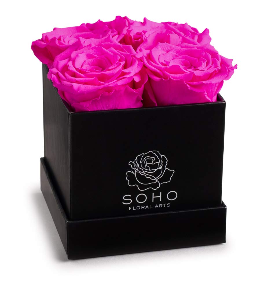 Soho Floral Arts | Roses in A Box | Real Roses Last A Year Or More (Black Square 4ct, Radiant Pink)