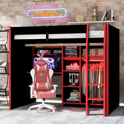 SOFTSEA Full Size Gaming Loft Bed with Desk, Open Wardrobe & LED Lights, Wood Loft Bed Frame with Hanging Rod & Shelves, Space-Saving Gamer Bed for Kids, Teens, Adults, Red Black