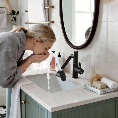 Lefton Rotatable Bathroom Faucet with Temperature Display in Fahrenheit (Batteries-Free), 3 Water Outlet Modes, Matte Black, BF2204-3