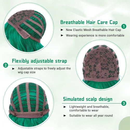 Image of Pastel Green Wavy Bob Wig for Women, Short Shoulder Length Synthetic Wig with Bangs, Natural Looking Lightweight Hairpiece for Gift & Cosplay Costume Party