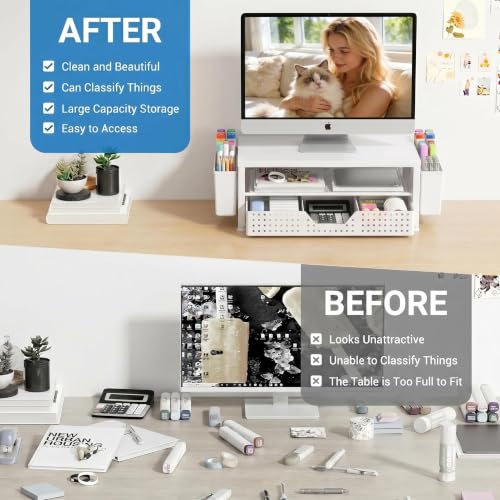Image of OPNICE Desk Organizers and Accessories, Computer Monitor Stand Riser with Drawer and 2 Pen Holders, Printer & Laptop Stand, Office Desk Accessories & Workspace Organizers for Home Office Supplies