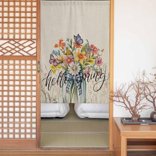 Sauoromeon のれん カーテン 幅75x丈200cm 厚手 遮光 暖簾 ドアカーテン 仕切り 目隠し 通気性 和風 おしゃれ フラット リング対応 ひも付き 春 水彩調 ちょう 花 勝手口 玄関 キッチン リビング 春夏秋冬