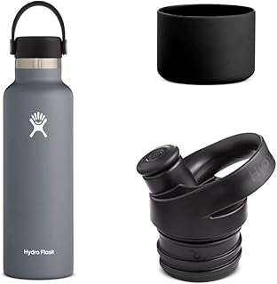 Hydro Flask Gourde isotherme 621 ml (21 oz) avec isolation sous vide et bouchon Flex Cap étanche, goulot standard, Stone + Flex Boot en silicone, taille S, Black + Sport isotherme pour gourde, Black