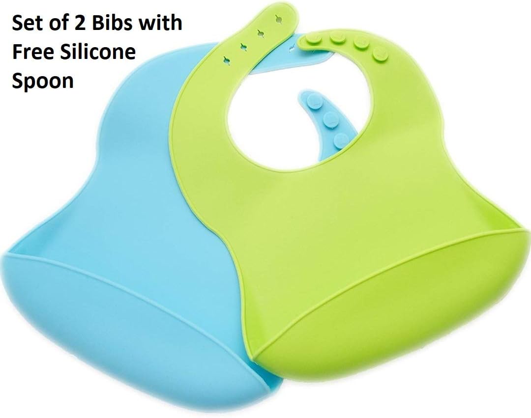 Heirloom Silicone Baby Bibs Easily Wipe Clean - Comfortable Soft Waterproof Bib Keeps Stains Off, Set of 2 Colors with Spoon (Lime Green/Turquoise)