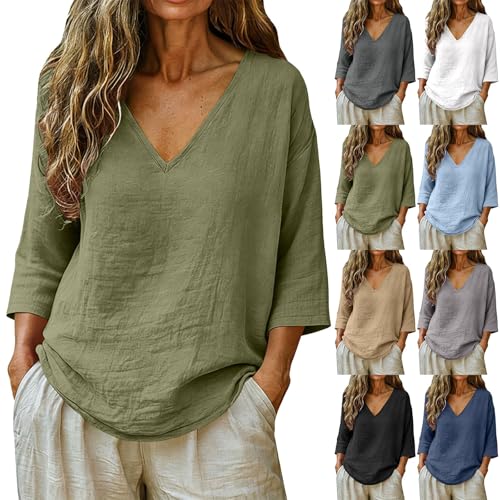 Cruise Wear for Women Over 60 Womens Summer Tops Casual Linen Cotton Tunic Blouse 3/4 Sleeve Peasant...
